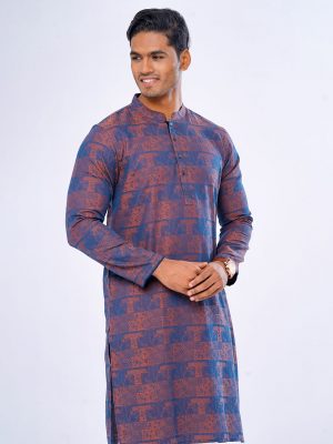 Blue semi-fitted Panjabi in Jacquard Cotton fabric. Matching metal button opening on the chest.