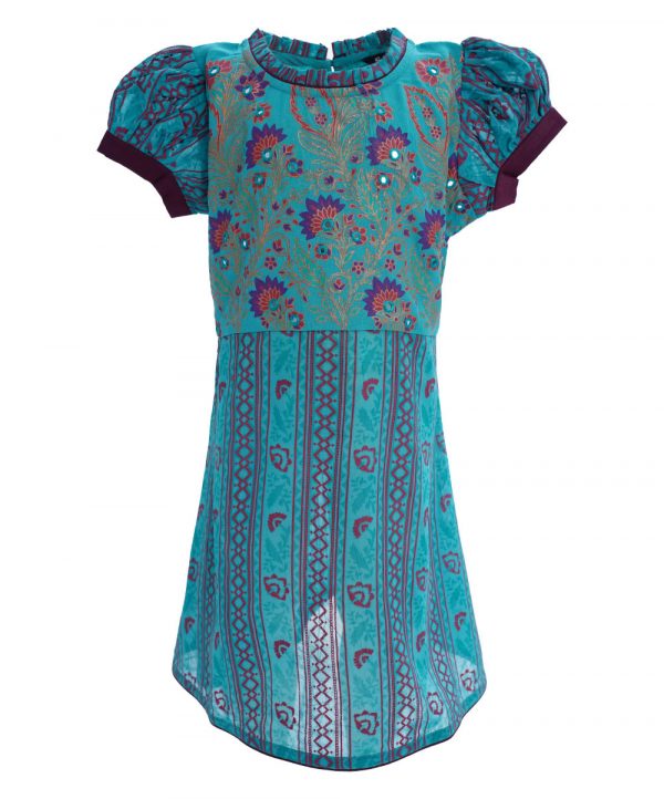 Turquoise green all-over printed A-line Tunic in Georgette fabric. Designed with a frilled round neck and puff sleeves. Embellished with karchupi at the top front. Single button opening at the back. Unlined.