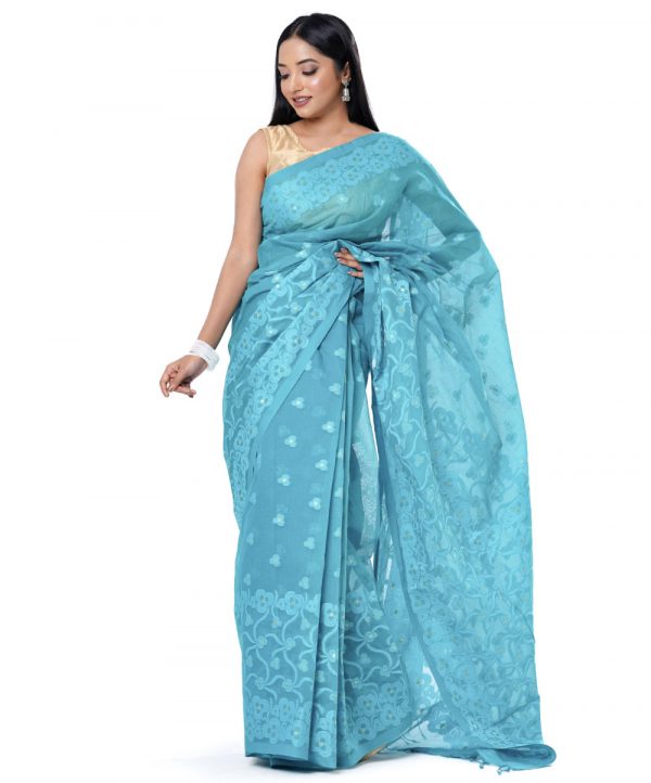 Turquoise Green tant Cotton Saree with matching borders. Beautifully designed with all-over thread work