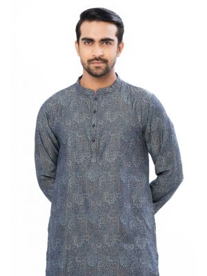 Blue semi-fitted Panjabi in Jacquard Cotton fabric. Designed with a mandarin collar and matching metal button on the placket.