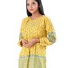 Yellow all-over printed straight-cut Tunic in Georgette fabric. Designed with a round neck and bishop sleeves. Embellished with pin tucks at the top front.