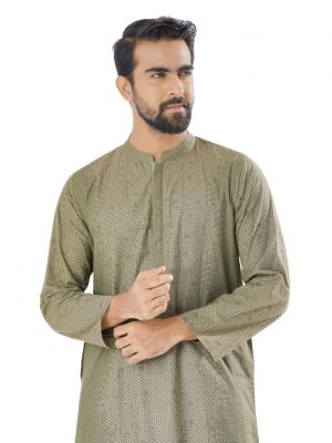 Green all-over printed fitted Panjabi in Cotton fabric. Designed with a mandarin collar and hidden button placket.