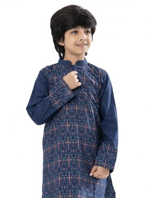 Blue all-over printed Panjabi in Cotton fabric. Designed with karchupi on the collar and hidden button placket.