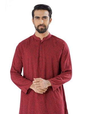 Red all-over printed fitted Panjabi in Slab Viscose fabric. Designed with a mandarin collar and hidden button placket.