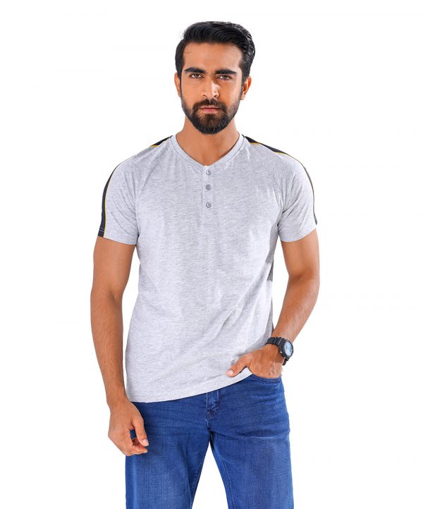 Gray Henley T-Shirt in Cotton single jersey fabric. Features a round neck with front button fastening and short sleeves.