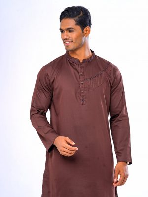 Chocolate semi-fitted Panjabi in Cotton fabric. Embellished with karchupi on the collar, placket and chest.