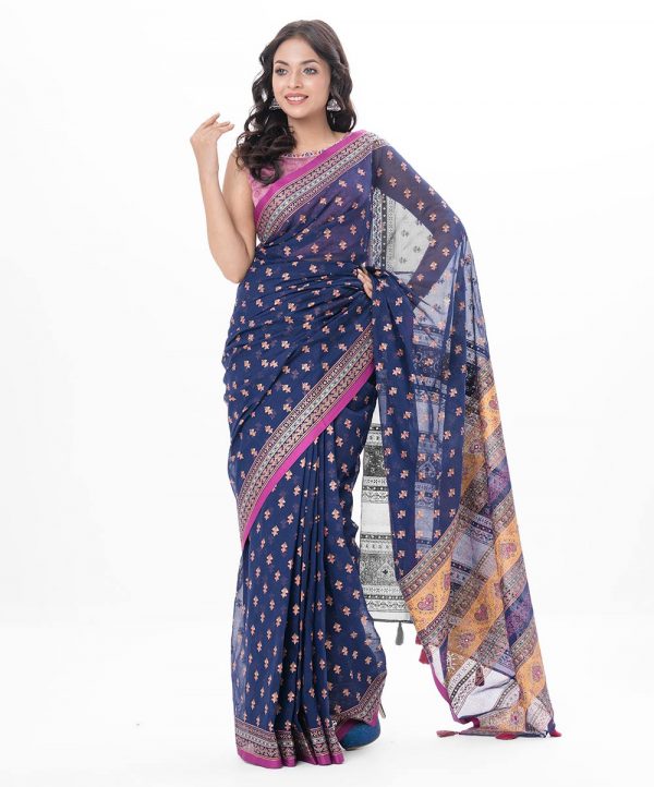 Blue all-over printed Saree in Cotton fabric. Embellished with decorative tassels on the achal.