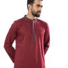 Maroon fitted Panjabi in Jacquard Cotton fabric. Designed with embroidery on the collar and hidden button placket.