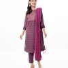 Purple all-over printed Salwar Kameez in Crepe fabric. The Kameez is designed with a round neck and three-quarter sleeves. Embellished with embroidery at the top front and wave tucks at the cuffs. Complemented by all-over printed culottes pants and a half-silk dupatta.