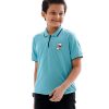 Blue Polo in Cotton Pique fabric. Features a classic collar with zipper closure at the front, short sleeves and print on the chest. Contrast tipping at the collar and cuffs.