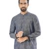 Blue fitted Panjabi in Jacquard Cotton fabric. Designed with a mandarin collar and matching metal button on the placket.