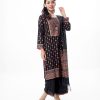 Black all-over printed Salwar Kameez in Viscose fabric. The Kameez is designed with a round neck and three-quarter sleeves. Embellished with karchupi at the top front and cuffs. Complemented by palazzo pants with matching patches on border lines and a half-silk dupatta.