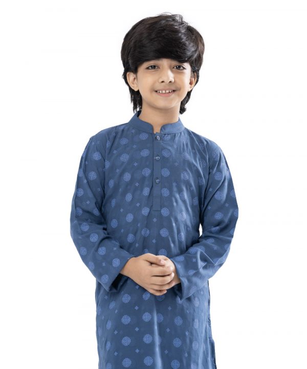 Blue all-over printed Panjabi in slab Viscose fabric. Designed with a mandarin collar and matching metal buttons on the placket.