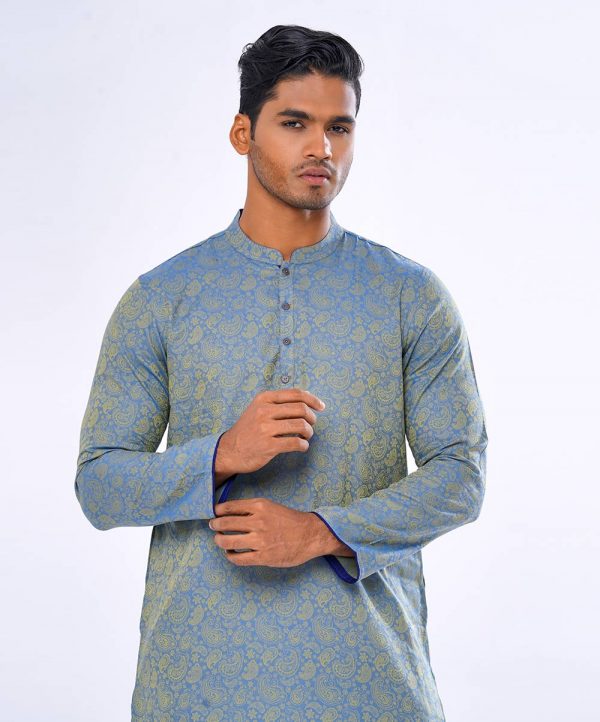 Blue semi-fitted Panjabi in Jacquard Cotton fabric. Designed with a mandarin collar and matching metal button on the placket.