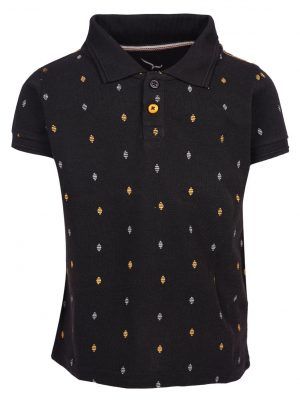 Black all-over printed Polo in Cotton Pique fabric. Designed with a classic collar, and short sleeves.