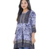 Blue A-line Tunic in printed Cotton fabric. Designed with a round neck and three-quarter sleeves. Embellished with kaechupi at the top front.