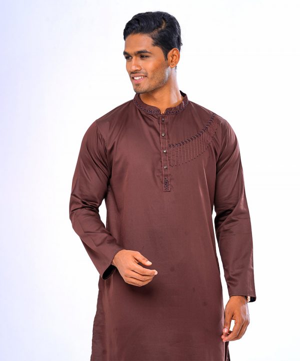 Chocolate fitted Panjabi in Cotton fabric. Embellished with karchupi on the collar, placket and chest.