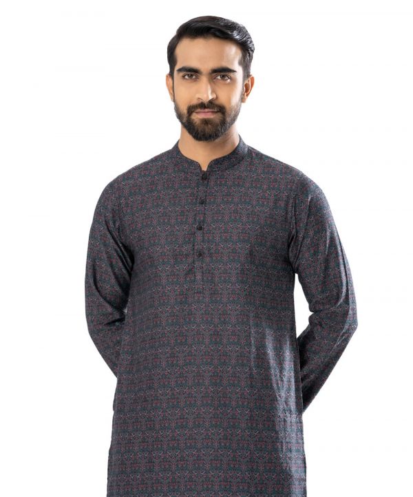 Black fitted Panjabi in Jacquard Cotton fabric. Designed with a mandarin collar and matching metal buttons on the placket.