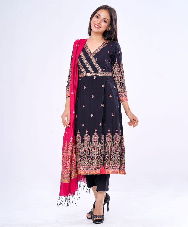 A-Line style Salwar Kameez in crepe fabric. Quarter sleeved, V-neckline, screen printed, karchupi embroidery with beads and mirror work. Half-silk dupatta with pant-style pajamas.