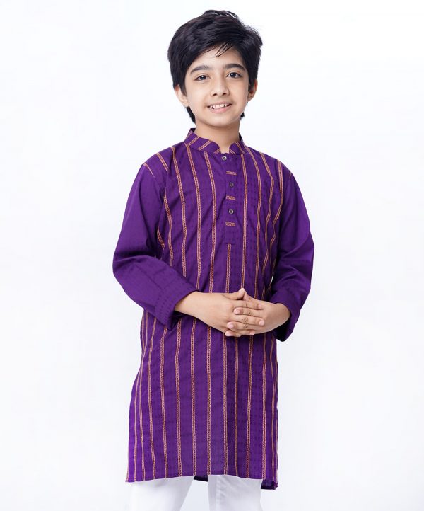 Purple Panjabi in Jacquard Cotton fabric. Matching metal button opening on the chest. Amazing thread work at the front, cuffs and collar-placket.