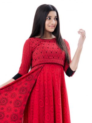 Red all-over printed layered Gown in Georgette fabric. Designed with a round neck and three-quarter sleeves with buttoned cuffs. Embellished with karchupi at the top front.