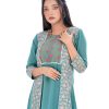 Green all-over printed shrug style Tunic in Georgette fabric. Designed with a round neck and three-quarter sleeves. Embellished with embroidery and pin tucks at the front. Elongated hemline. Unlined.