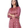 Onion pink all-over printed straight-cut Kameez in Crepe fabric. Features a band neck with hook closure at the front and three-quarter sleeves with printed cuffs. Unlined.