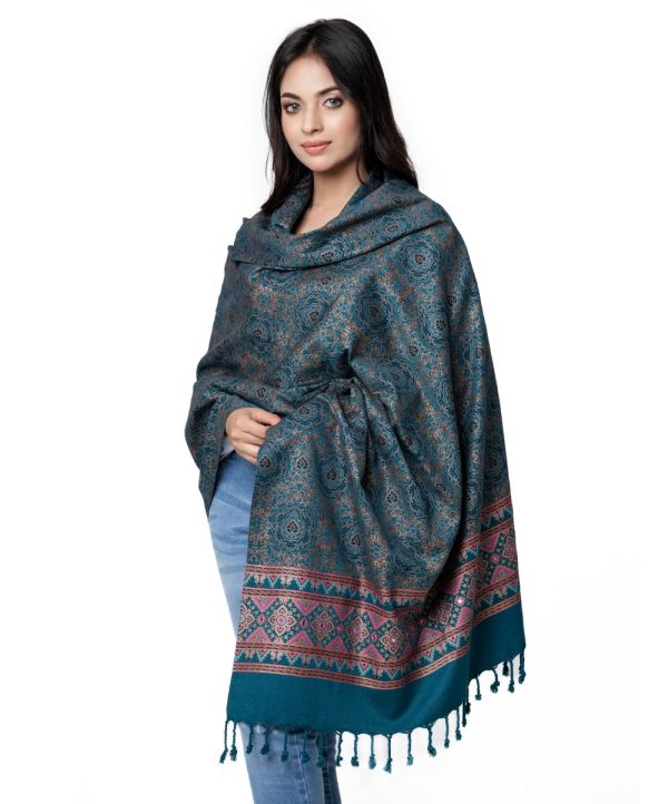 Teal Green all-over printed Shawl in Viscose-cotton fabric. Embellished with karchupi on both sides.