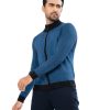 Blue Sweater in Cotton knit fabric. High-neck and long sleeves. Ribbed neckline, cuffs, and hem. Zipper closure at the front.