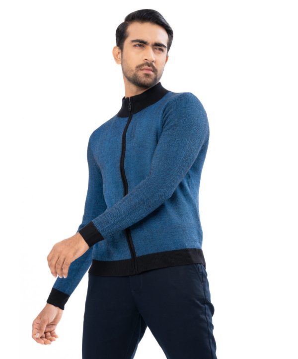 Blue Sweater in Cotton knit fabric. High-neck and long sleeves. Ribbed neckline, cuffs, and hem. Zipper closure at the front.