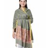 Green all-over printed Shawl in Cotton viscose fabric. Features fringe trim on both sides