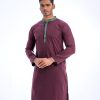 Maroon semi-fitted Panjabi in Jacquard Cotton fabric. Designed with a contrast green collar and hidden button placket.