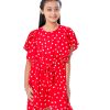 Red Frock in printed Georgette fabric. Designed with a round neck and overlap flounce sleeves. Detailed with tie-waist belts at the front. Gathers on the hemline. Button opening at the back. Viscose lining in half-body.