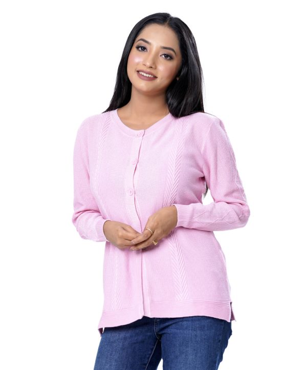 Pink Cardigan in Cotton knit fabric. Round neck, buttons at front, and long sleeves. Ribbed neckline, button placket, cuffs, and hem. Side slits.