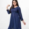 Navy Blue all-over printed Straight-cut Kameez in Georgette fabric. Designed with a V-neck and three-quarter sleeves. Sequined net attachment at the front and cuffs. Detailed with adjustable tasselled waist cords on the left side.