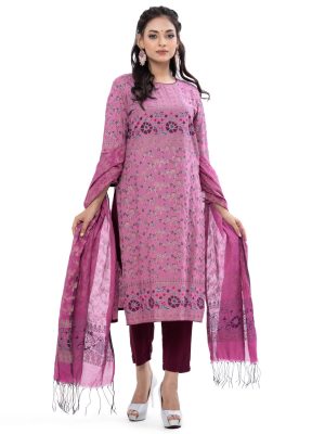 Floral printed viscose straight Salwar Kameez. Three-quarter sleeved, round neck, karchupi with mirror work. Half-silk dupatta with pant-style pajamas.