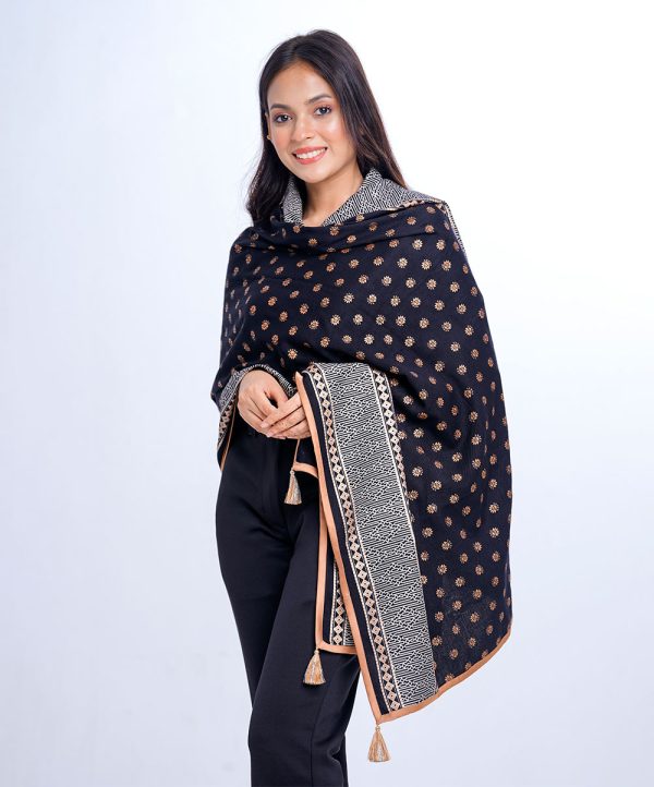 Black all-over printed Shawl in Cotton viscose fabric. Embellished with all-over matching borders and tassels.