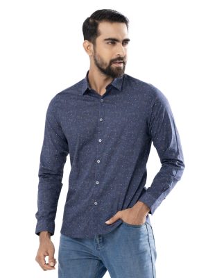 Blue casual Shirt in printed Cotton fabric. Designed with a classic collar and long-sleeved with adjustable buttons at cuffs..