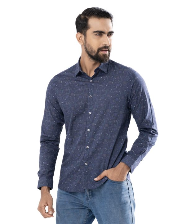 Blue casual Shirt in printed Cotton fabric. Designed with a classic collar and long-sleeved with adjustable buttons at cuffs..