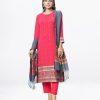 Red all-over printed Salwar Kameez in Georgette and Viscose fabric. The georgette Kameez features a round neck and three-quarter sleeves. Embellished with karchupi at the front and cuffs. Single button opening at the back. Complemented by culottes pants and printed half-silk dupatta.