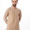 Beige semi-fitted Panjabi in Cotton-blend fabric. Embellished with karchupi on the collar and placket.