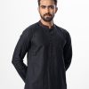 Black semi-fitted Panjabi in jacquard Cotton fabric. Designed with embroidery on the collar and placket.