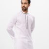 White fitted Panjabi in Jacquard Cotton fabric. Designed with a mandarin collar and matching metal buttons on the placket.