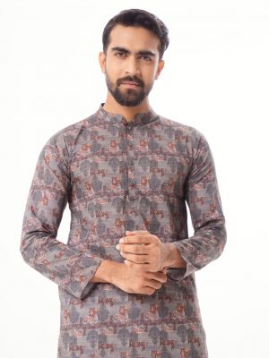 Gray Brown semi-fitted Panjabi in printed Cotton fabric. Designed with a mandarin collar and matching metal buttons on the placket.