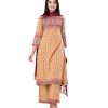 Brown all-over printed Salwar Kameez in Viscose fabric. The Kameez is designed with a round neck and three-quarter sleeves. Embellished with embroidery at the top front. Complemented by palazzo pants with matching patches on border lines and a printed chiffon dupatta.