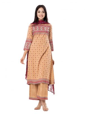 Brown all-over printed Salwar Kameez in Viscose fabric. The Kameez is designed with a round neck and three-quarter sleeves. Embellished with embroidery at the top front. Complemented by palazzo pants with matching patches on border lines and a printed chiffon dupatta.