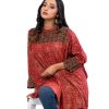 Maroon all-over printed kaftan style tunic in Viscose fabric. Designed with a band neck and Batwing sleeves. Smoked detailing at the top front and cuffs. Button opening at the back.