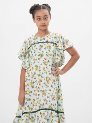 Mint Green A-line Frock in printed Georgette fabric. Designed with a round neck and butterfly sleeves. Detailed with lace and pin tucks at the top front. Viscose lining in half body. Buttoned opening at the back.