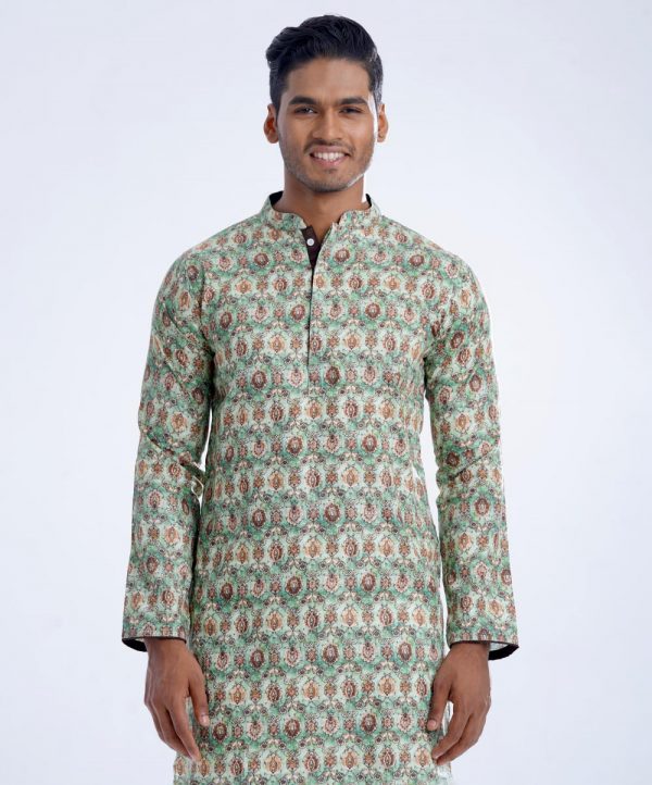 Green semi-fitted panjabi in printed Cotton fabric. Designed with a mandarin collar and hidden button placket.