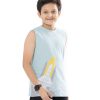 Blue sleeveless T-shirt in Cotton single jersey fabric. Designed with a crew neck and print at the front.